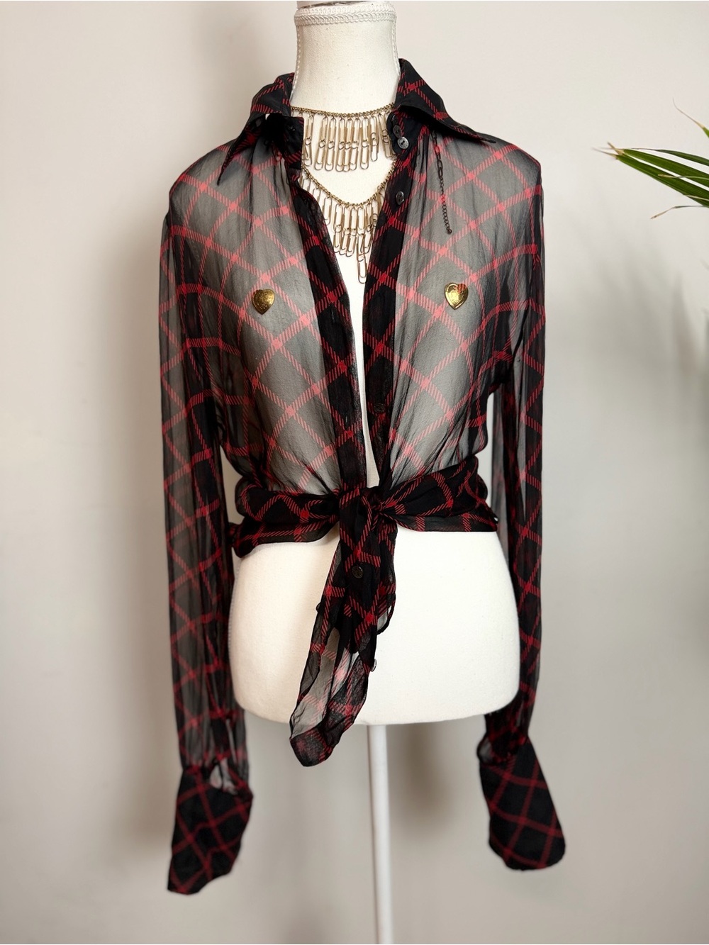 Dolce & Gabbana Black Sheer Button-Down with Red Plaid